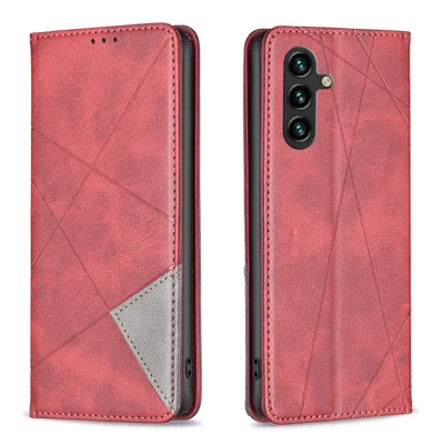 Voor Samsung Galaxy S25 FE hoesje met kaartslots Geometrie imprint Lederen telefoonhoes - Rood