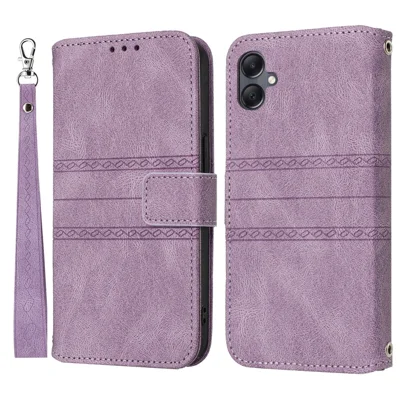 For Samsung Galaxy A08 5G / A08 4G / A07 4G / A06 4G / A06 5G Case Wallet Skin-Touch Leather Imprinted Phone Cover with Wrist Strap - Purple