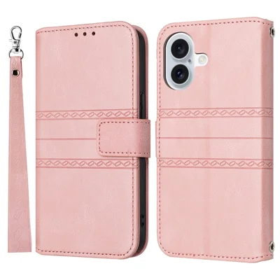 For iPhone 17 Case Wallet Skin-Touch Leather Imprinted Phone Cover with Wrist Strap - Pink