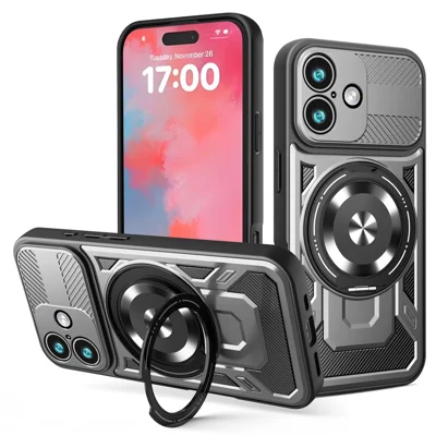 For iPhone 17 Magnetic Case Rotating Kickstand TPU + PC Phone Cover - Grey