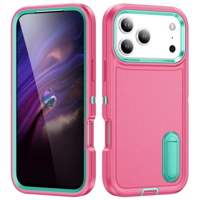 For iPhone 17 Pro Case Case Kickstand Phone Cover PC + Silicone + EVA 3-in-1 Design - Rose + Light Cyan