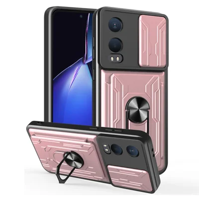 For OnePlus Nord CE4 Lite 5G Case PC + TPU Kickstand Phone Back Cover with Camera Slider - Rose Gold