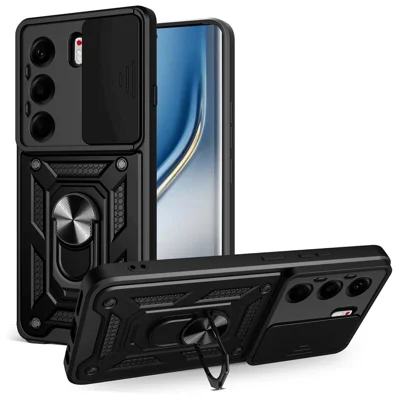 For TECNO Camon 40 Pro 4G Case with Slide Camera Lid PC + TPU Kickstand Phone Cover - Black