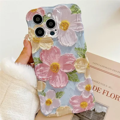 For iPhone 14 Pro Max Case Oil Painting Flower Pattern TPU Phone Cover with Curly Wave Frame