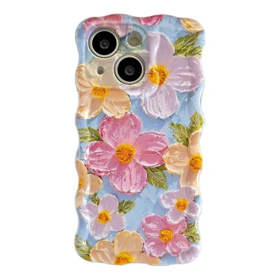 For iPhone 15 Case Oil Painting Flower Pattern TPU Phone Cover with Curly Wave Frame
