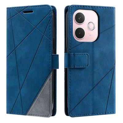 Phone Case For Oppo A5 Pro 4G (Global) / 5G (Global) / A5 Energy 5G (China) , Imprinted Lines PU Leather Splicing Wallet Cover with Wrist Strap - Blue