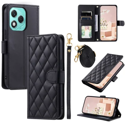 Phone Case For Honor 400 Lite 5G / X70i / X60i 5G Wallet Rhombus Grid PU Leather Cover with Shoulder Strap / Wrist Strap - Black