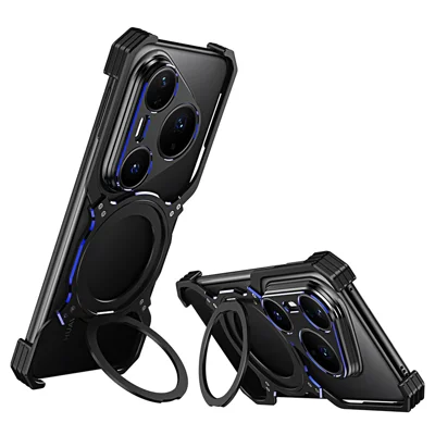 Voor Huawei Pura 80 Pro / 80 Pro+ Hoesje Met Steunplaatje Metalen Bumper Magnetische Telefoonhoes - Zwart / Blauw