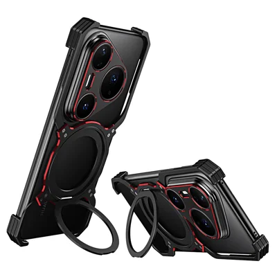 For Huawei Pura 80 Ultra Case Kickstand Metal Bumper Magnetic Phone Cover - Black / Red
