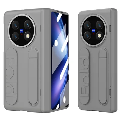For vivo X Fold5 5G Case Kickstand Wristband PC Phone Cover with Tempered Glass Film - Grey