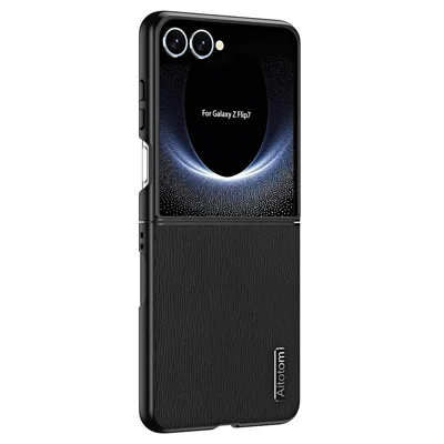For Samsung Galaxy Z Flip7 5G Case Træstruktur PU-læderbelagt PC TPU telefonbeskyttelsesdækket - Sort