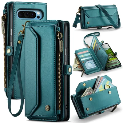 CASEME For Google Pixel 10 Pro XL Leather Case  C36 Zipper 10 Card Slots Phone Cover with Straps - Green