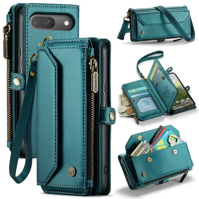 CASEME For Google Pixel 10 Pro / 10 / 9 Pro / 9 Leather Case  C36 Zipper 10 Card Slots Phone Cover with Straps - Green