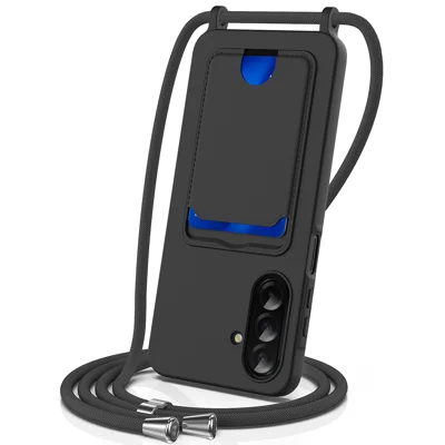 For Samsung Galaxy M17 5G / F17 5G / A18 4G / A18 5G / A17 5G / A17 4G Case Liquid Silicone Card Holder Back Phone Cover with Lanyard - Black