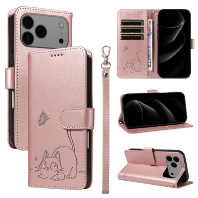 iPhone 17 Pro Max-hoes met katpatroon, imitatie lederen telefoonhoes met polsbandje - Roségoud