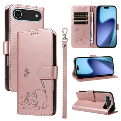 For iPhone Air Case Cat Pattern Imprint Leather Phone Cover with Wrist Strap - Rose Gold