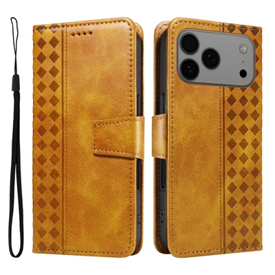 Leer hoesje met portemonnee en standaard voor iPhone 17 Pro Max met geruite afbeelding en riem - Geel