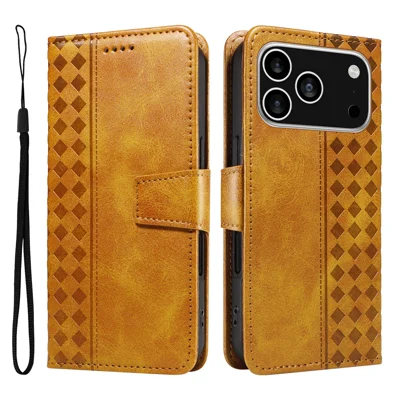 For iPhone 18 Pro / 17 Pro Leather Case Wallet Stand Grids Imprinted Phone Cover with Strap - Yellow