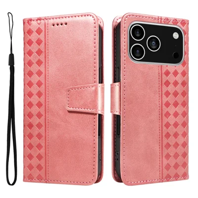 For iPhone 18 Pro / 17 Pro Leather Case Wallet Stand Grids Imprinted Phone Cover with Strap - Rose Gold
