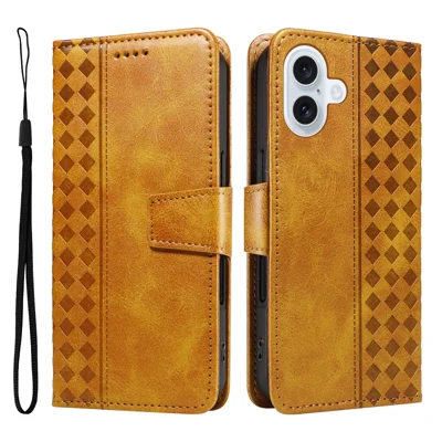 For iPhone 17 Leren Hoesje Portemonnee Stand Grids Afdruk Telefoonhoesje met Riempje - Geel