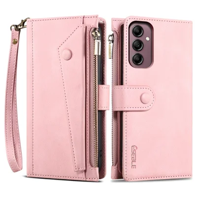 ESEBLE Star Series For Samsung Galaxy S25 FE Case Zipper Wallet Leather Stand Phone Cover with Wrist Strap - Rose Gold