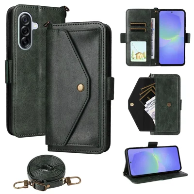 For Samsung Galaxy A15 5G  /  4G Leather Case Magnetic Closure Wallet Stand Phone Cover with Crossbody Strap - Green