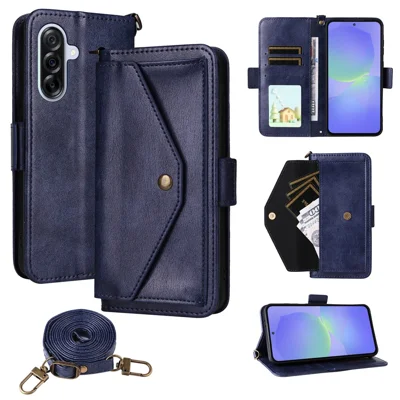 For Samsung Galaxy A24 4G (162.1mm) Leather Case Magnetic Closure Wallet Stand Phone Cover with Crossbody Strap - Blue