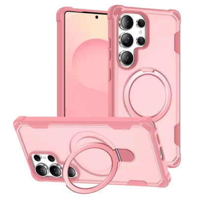 For Samsung Galaxy S25 Ultra Magnetic Case Kickstand TPU + PC Shockproof Phone Back Cover - Pink