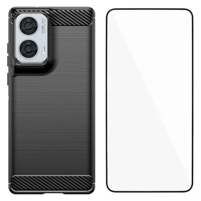 WANLONFENG For Motorola Moto G85 5G Case with Screen Film  LS Series Big Lens Hole Brushed Texture TPU Phone Cover - Black