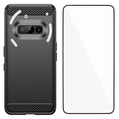 WANLONFENG For Nothing Phone (3a) Case with Tempered Glass  LS Series Brushed Texture TPU Phone Cover - Black