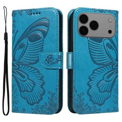 Til iPhone 17 Pro Max Etui med Sommerfuglmønster i PU-læder Folder Flip Cover - Blå