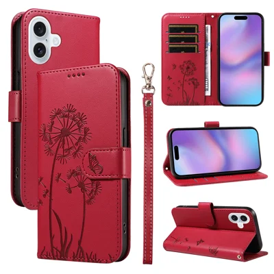 For iPhone 17 Leather Wallet Case with Strap Dandelion Imprint Phone Stand Cover - Red