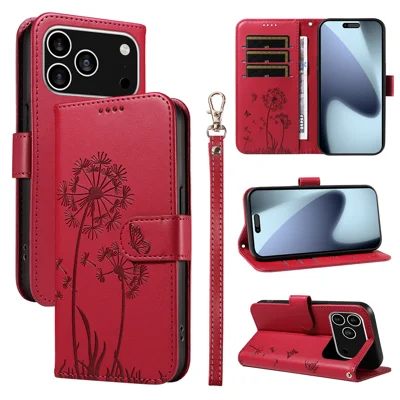 For iPhone 18 Pro / 17 Pro Leather Wallet Case with Strap Dandelion Imprint Phone Stand Cover - Red
