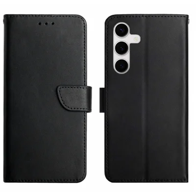 For Samsung Galaxy S25 FE Case Genuine Cow Leather Phone Cover Nappa Texture - Black