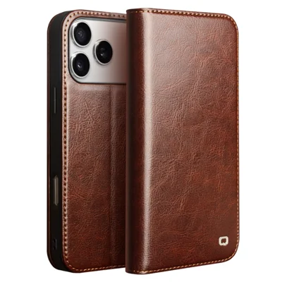 QIALINO For iPhone 17 Pro Max Case Wallet Stand Genuine Cow Leather Phone Cover - Brown