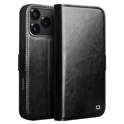 QIALINO pour iPhone 17 Pro étui portefeuille en cuir de vache véritable étui à rabat magnétique avec support - Noir