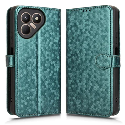 For TECNO Pova 7 4G Wallet Case Dot Pattern Imprint PU Leather Phone Cover with Wrist Strap - Green