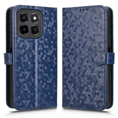 جراب محفظة لهاتف Honor X6c 4G بتصميم نقطي من جلد PU مع حزام معصمي - أزرق داكن
