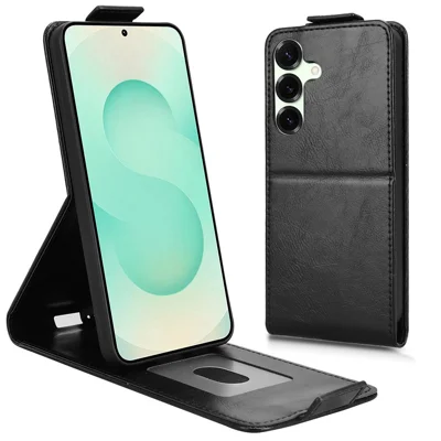For Samsung Galaxy S25 FE stående hylster med magnetlås, vertikal flip, læderdæksel med kortlomme - Sort