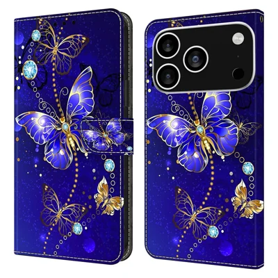 For iPhone 18 Pro / 17 Pro Case 3D Pattern PU Leather Wallet Phone Cover with Stand - Diamond Butterfly
