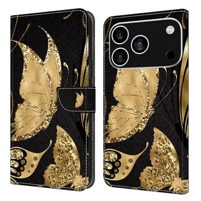 For iPhone 18 Pro / 17 Pro Case Magnetic Clasp 3D Pattern Leather Wallet Phone Cover - Golden Butterfly