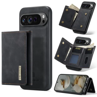 DG.MING M1 Series for Google Pixel 10 Pro XL Case Kickstand PU Phone Cover with Detachable Wallet - Black
