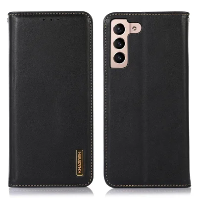 KHAZNEH für Samsung Galaxy S23, Mappen-Case mit Nappa-Struktur, echtes Rindsleder, Standfunktion, automatischer magnetischer Verschluss, stoßfestes Handy-Cover - Schwarz