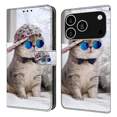 For iPhone 18 Pro Max / 17 Pro Max Wallet Case Pattern Printing Stand Leather Flip Phone Cover - Hat Cat