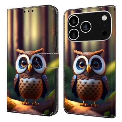 For iPhone 18 Pro Max / 17 Pro Max Leather Case Pattern Printing Wallet Stand Flip Phone Cover - Brown Little Owl