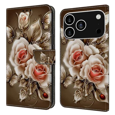 For iPhone 18 Pro Max / 17 Pro Max Case Wallet Stand Pattern Printing PU Leather Flip Phone Cover - Brown Rose