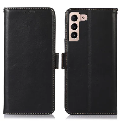 Futera portfelowa z prawdziwej skóry wołowej z blokadą RFID dla Samsung Galaxy S23, tekstura Crazy Horse, magnes, uchwyt, czarna
