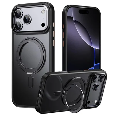 For iPhone 17 Pro Case Compatibel met MagSafe TPU + Acryl + Metaal Standaard Matte Telefoonhoes - Zwart