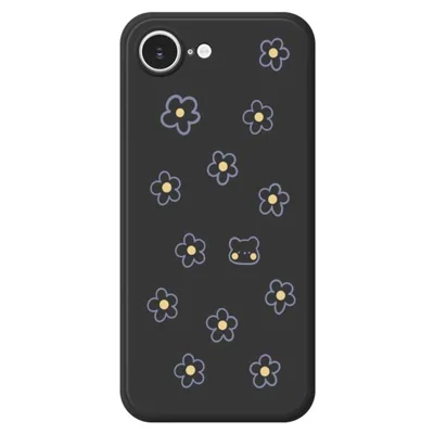 For iPhone 16e Hoesje Schattig Bloemenbeer Patroon Afdruk Rechte Rand TPU Telefoon Achterkant - Zwart