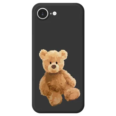 For iPhone 16e Hoes Bruine Beer Poppenpatroon Rechte Rand TPU Telefoonhoes - Zwart